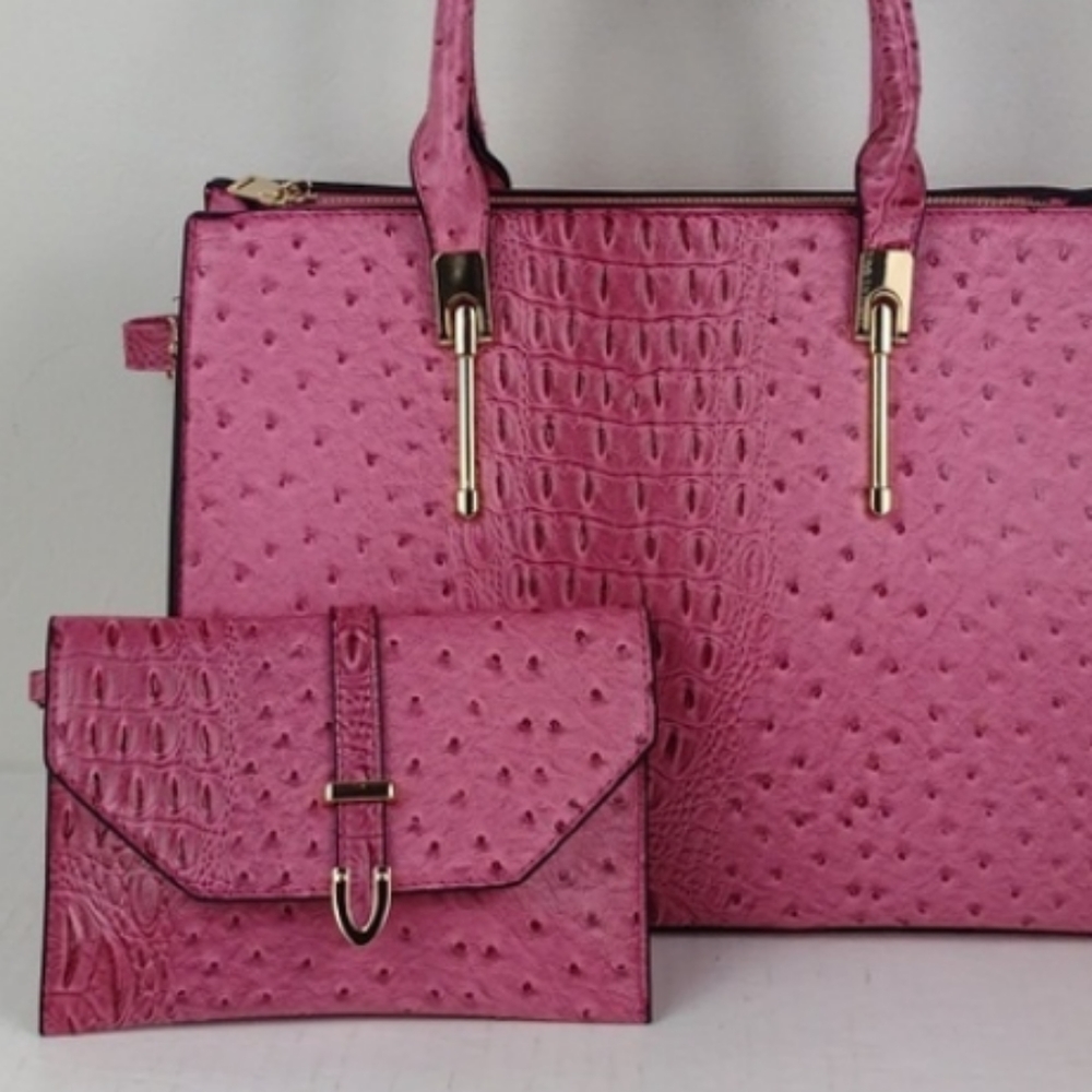 Hot Pink Faux Ostrich Brahmin-Like Hand-Bag Crossbody W/Matching Wristlet NWOT